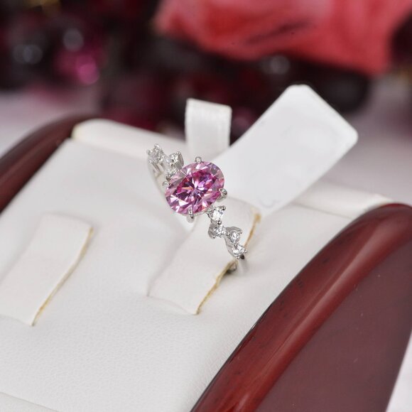 Certified 1.5 ct Pink Oval Cut Moissanite Engagement Ring 925 Sterling - Picture 6 of 8